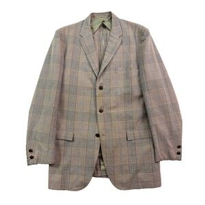 vtg 60s Brown White Plaid Seersucker 42L Blazer Jacket Sport Suit Coat Cotton